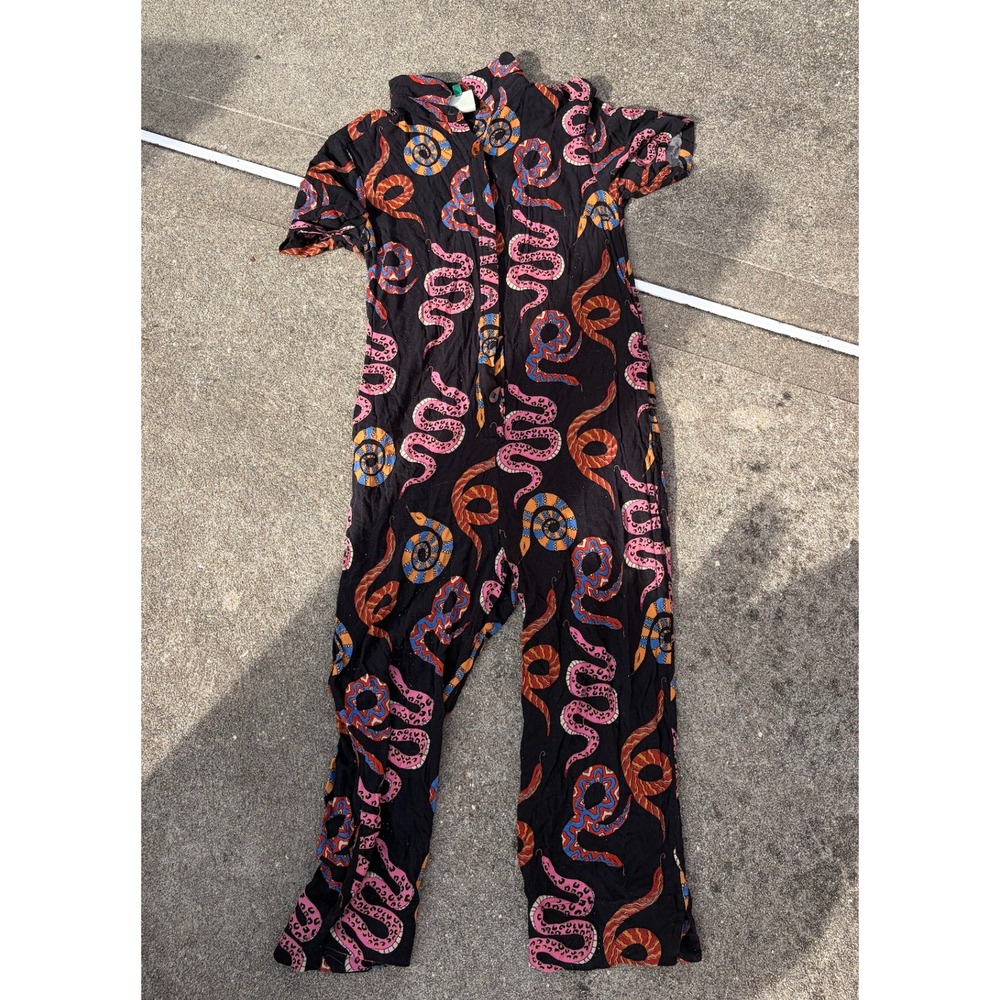 Farm Rio Womens Snake Print Short Sleeve Button Front Jumpsuit Black Multi Small